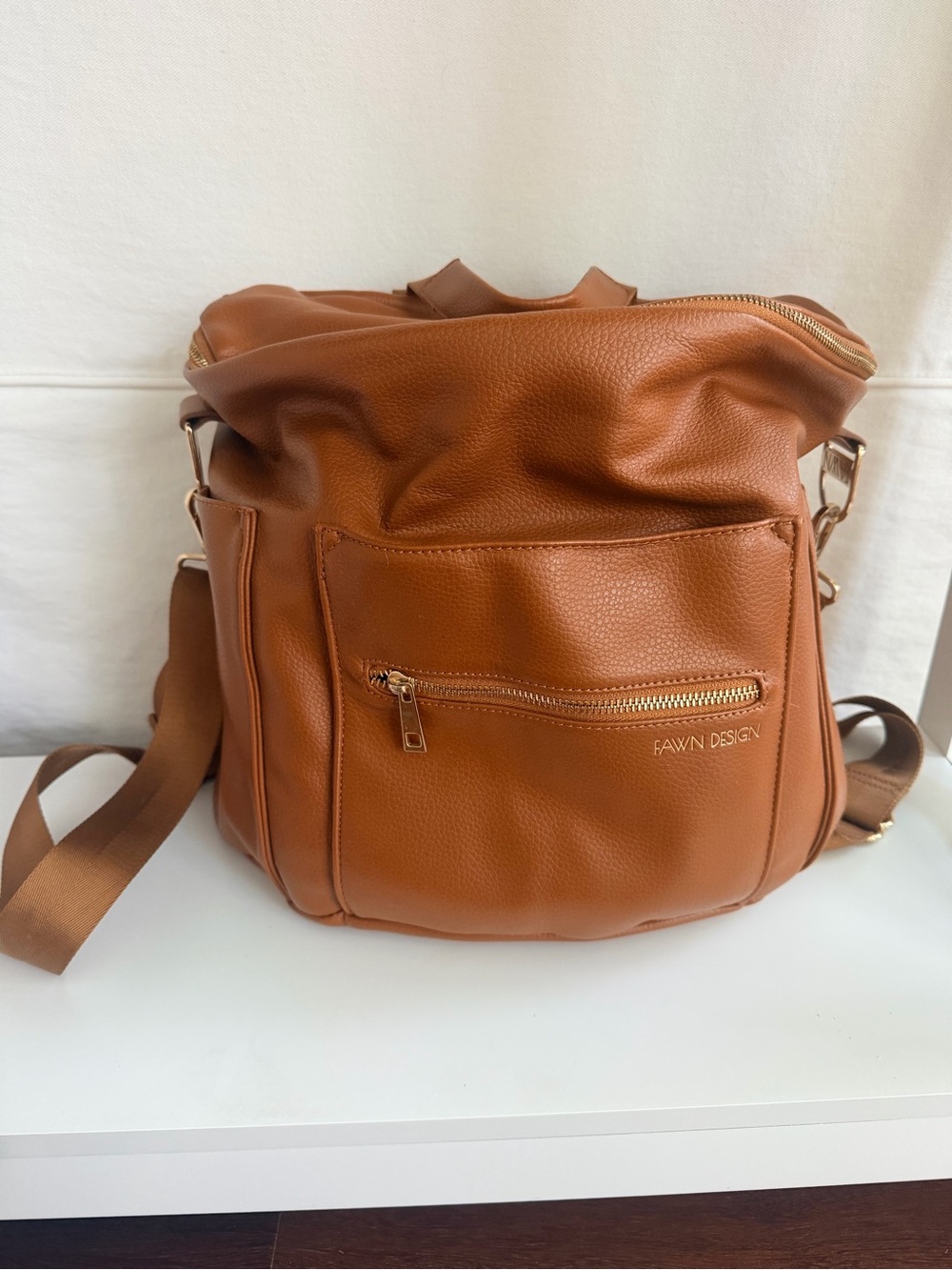 Fawn Design Cognac Leather Diaper Bag with Gold Hardware